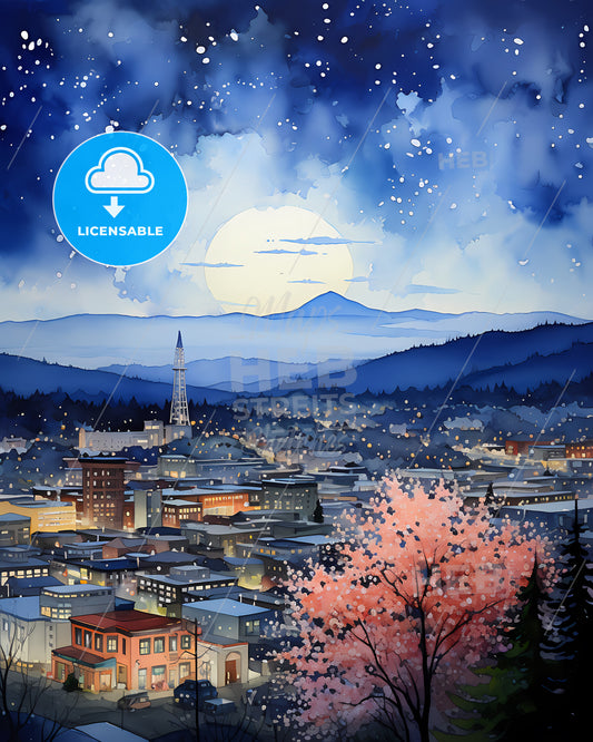 Eugene, Oregon, a cityscape with a mountain in the background