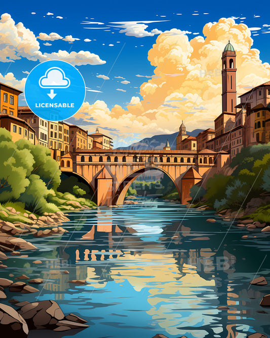 Verona, Italy, a bridge over a river with trees and buildings