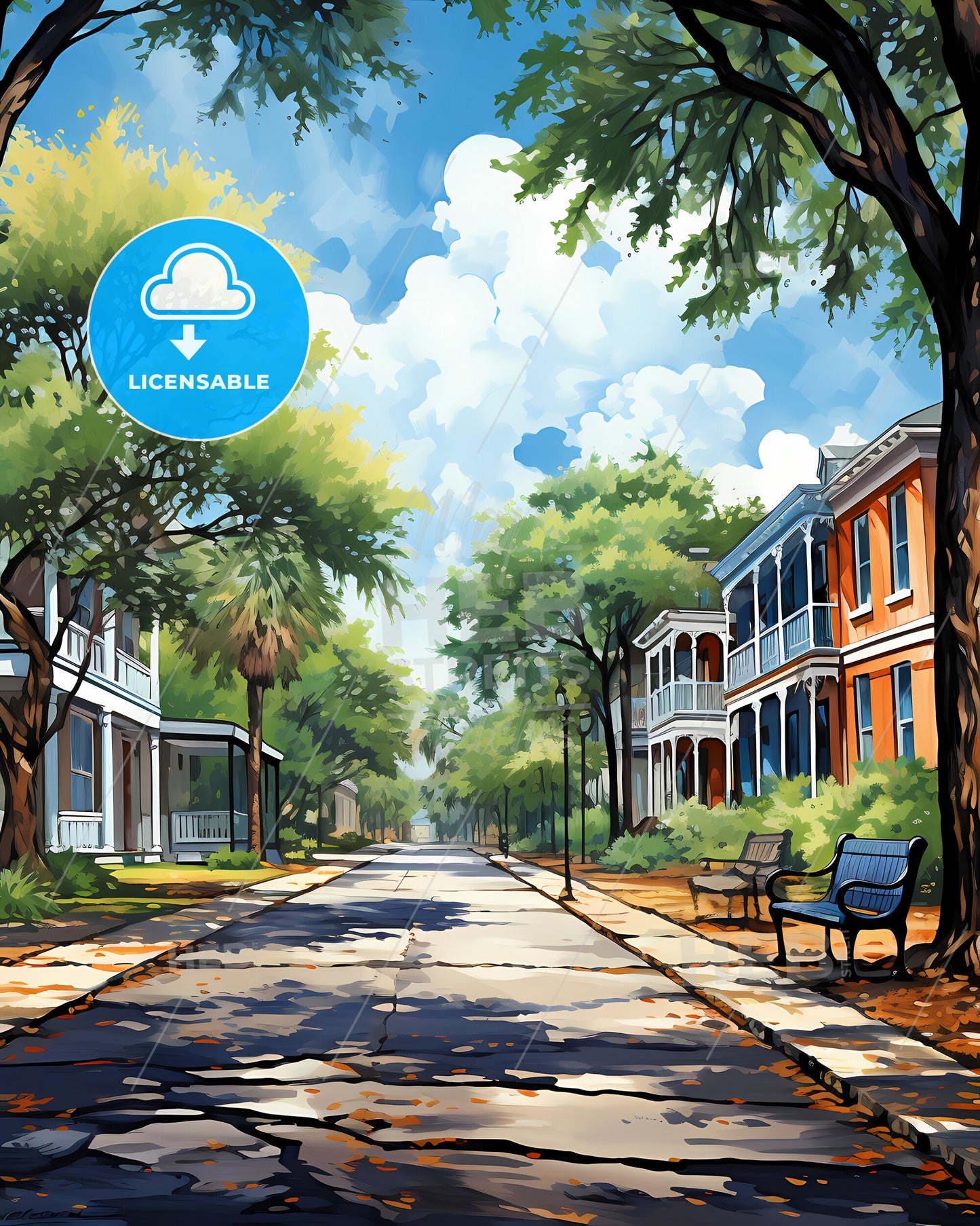 Santa Clara, California, a street with benches and trees