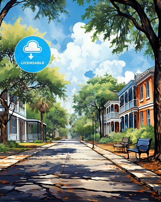 Santa Clara, California, a street with benches and trees