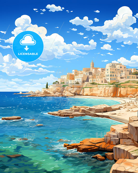 Trani, Italy, a beach with buildings and rocks