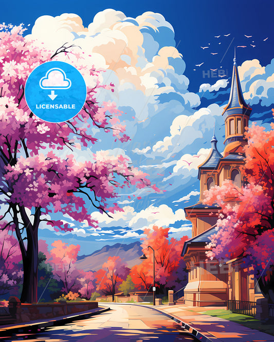 Concord, California, a church with pink trees and blue sky