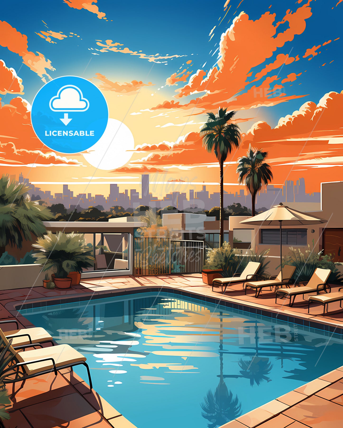 Palm Bay, Florida, a pool with chairs and a building in the background