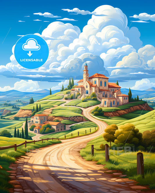 Matera, Italy, a landscape with a road and a building on a hill