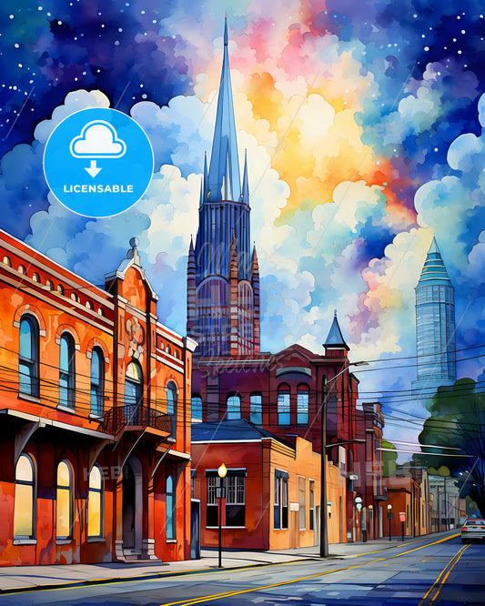 Athens-Clarke, Georgia, a street with buildings and a tall tower