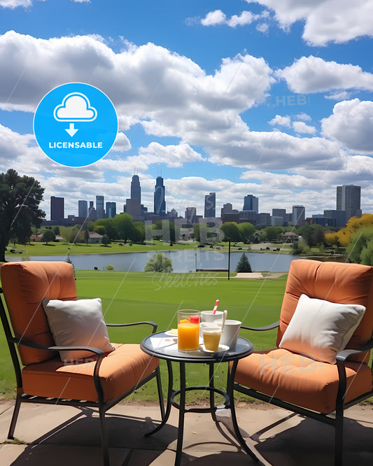 Brooklyn Park, Minnesota, chairs and a table with drinks on it in front of a city