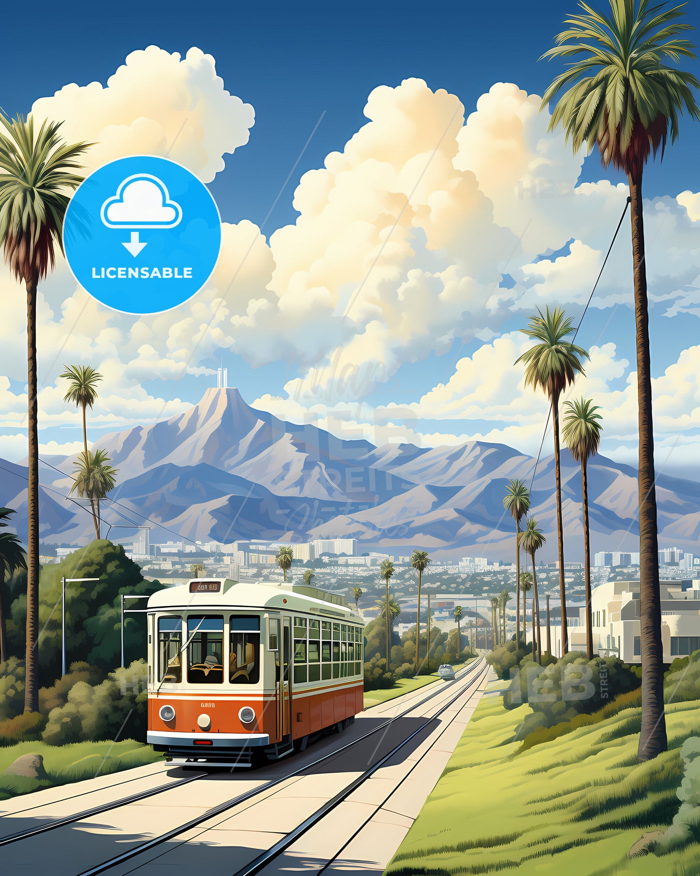 Santa Clara, California, a trolley on a track with palm trees and mountains in the background