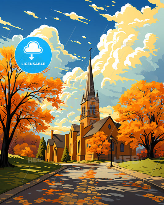 Iowa City, Iowa, a church with trees and a road