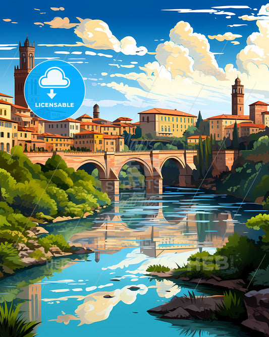 Verona, Italy, a bridge over a river with buildings and trees