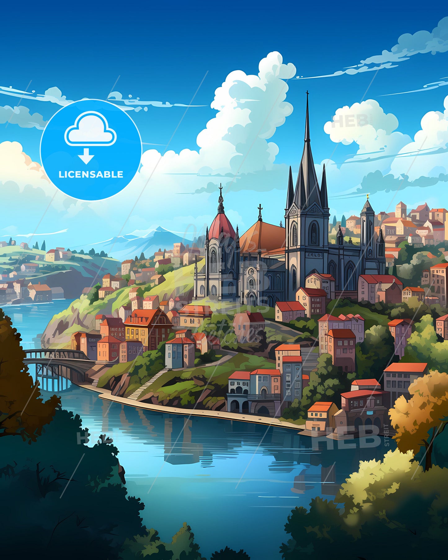 Vila Nova De Gaia, Portugal, a castle on a hill with a river and trees