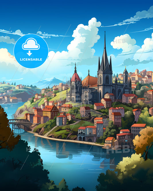 Vila Nova De Gaia, Portugal, a castle on a hill with a river and trees