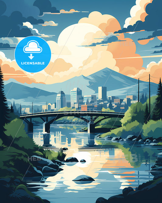 Eugene, Oregon, a bridge over a river with trees and mountains in the background