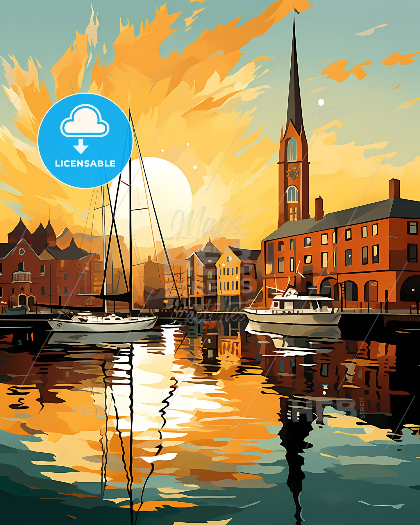 Southampton, South East England, a painting of a city with boats and buildings