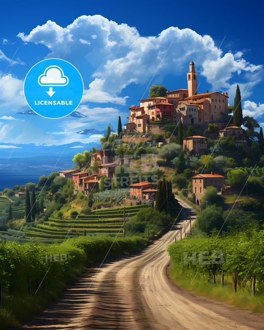 Moncalieri, Italy, a road leading to a town on a hill