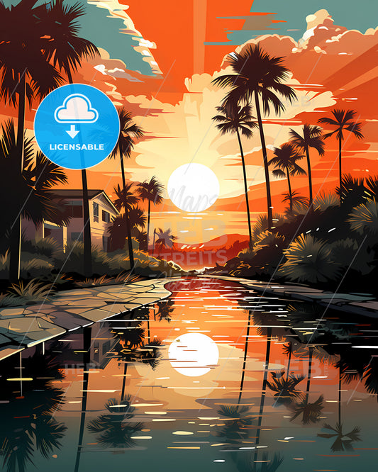 Boca Raton, Florida, a sunset over a river with palm trees