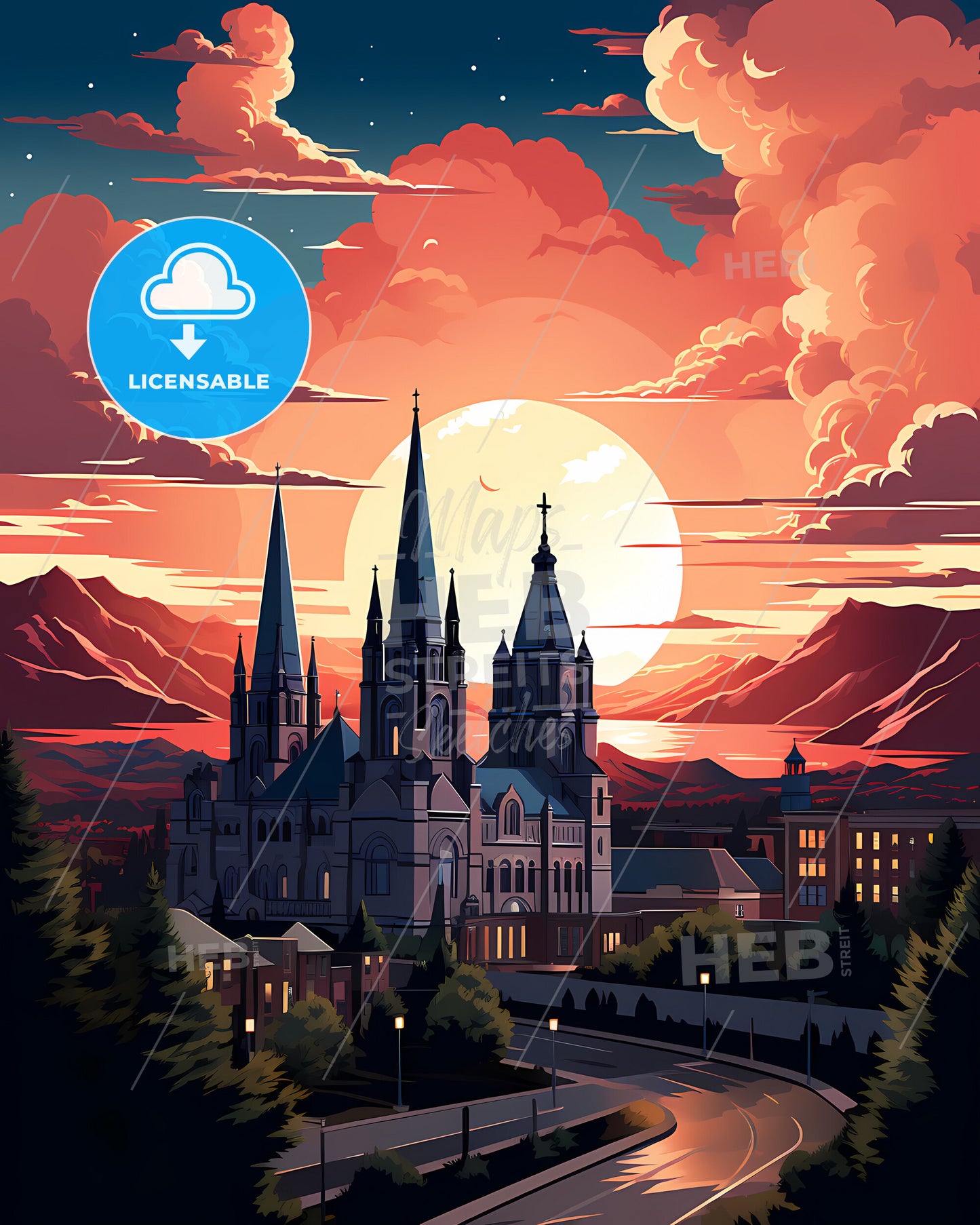 South Jordan, Utah, a large building with towers and trees in front of a sunset