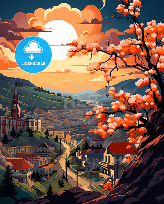 Rapid City, South Dakota, a painting of a town with a road and a tree with pink flowers