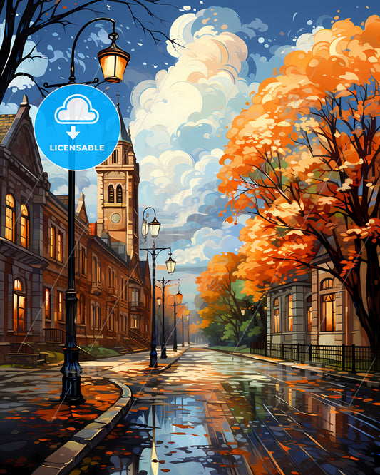 Warrington, North West England, a street with trees and a clock tower