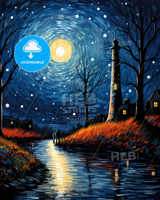 Heerenveen, Netherlands, a painting of a couple walking on a river with a lighthouse in the background