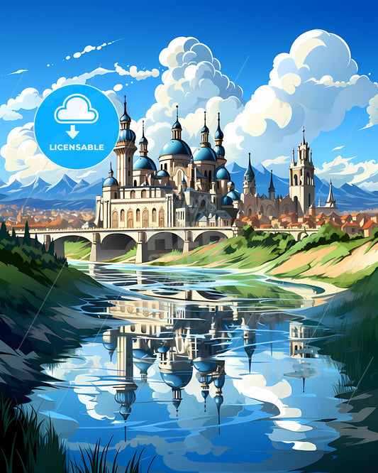 Venice, Italy, a castle with blue domes and a bridge over a river