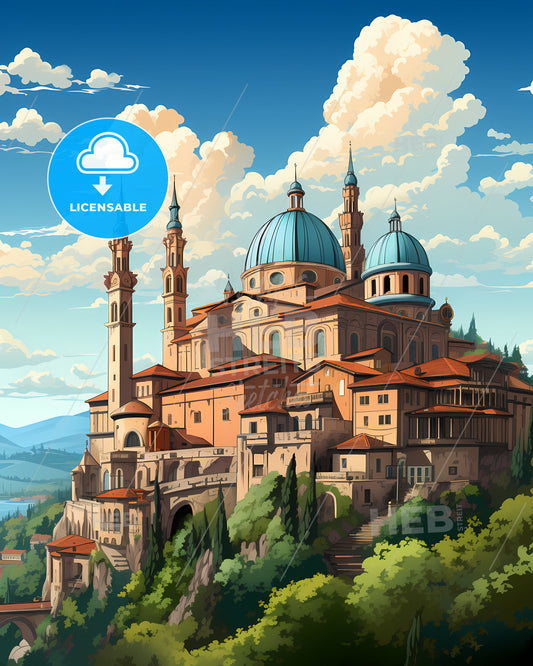 Bergamo, Italy, a building with towers and a blue dome on top of it