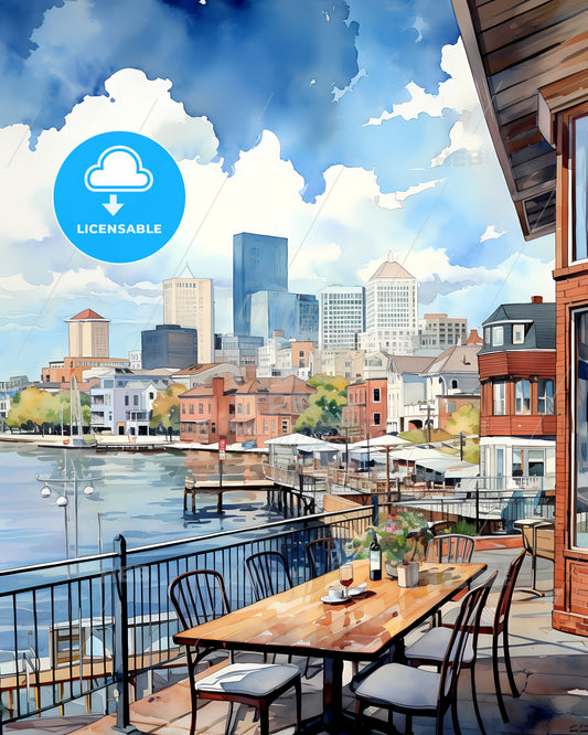 Wilmington, North Carolina, a watercolor of a city and a waterfront