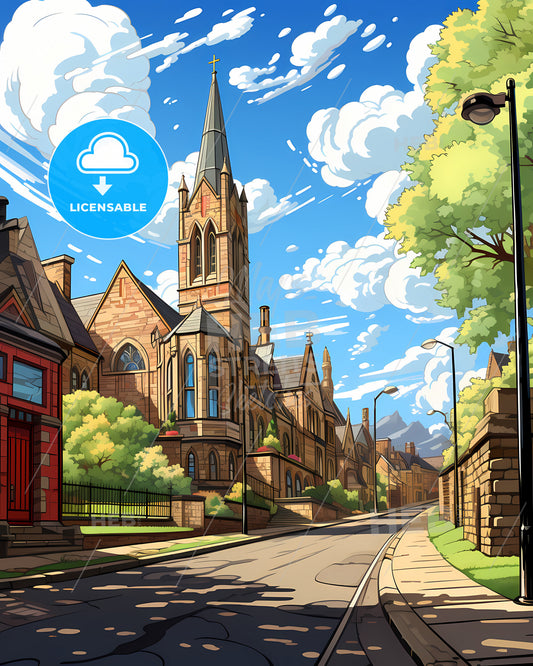 Belfast, Belfast, a street with a church and trees