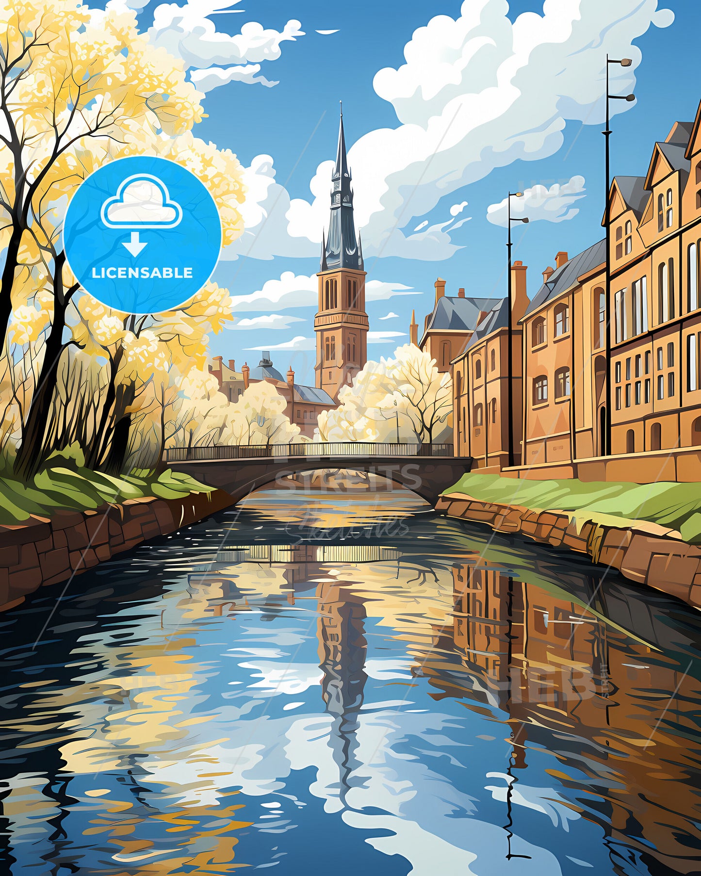 Derby, East Midlands, a river with a bridge and a church in the background