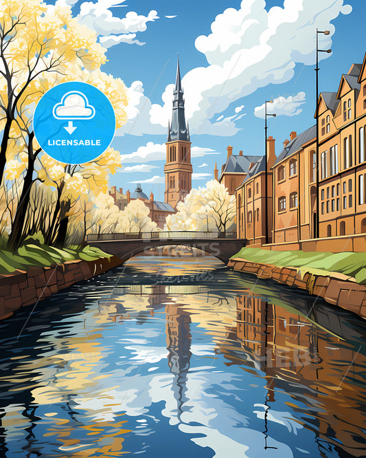 Derby, East Midlands, a river with a bridge and a church in the background