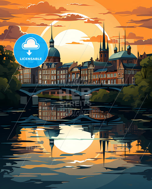 The Hague, Netherlands, a bridge over a river with a city in the background