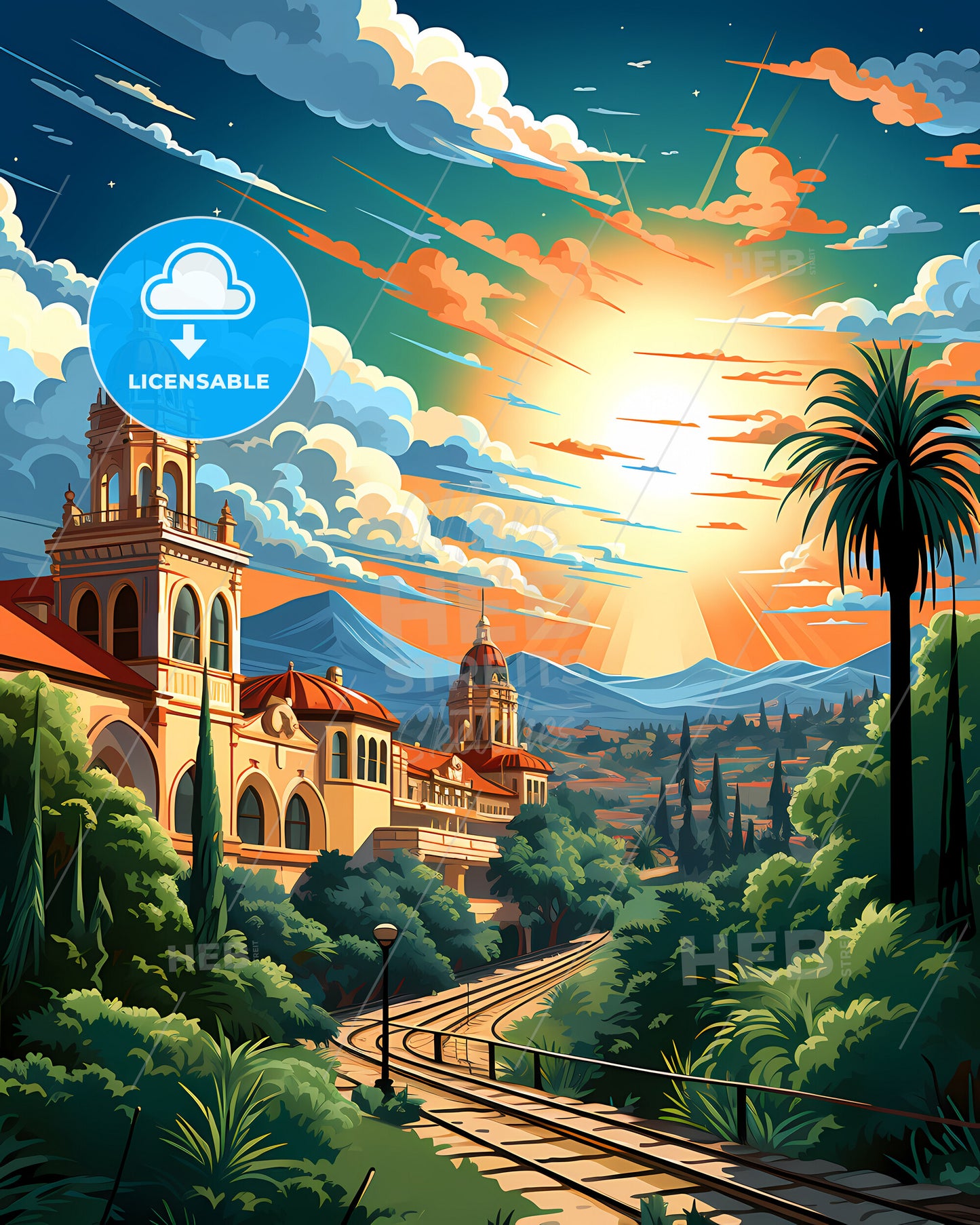 Pasadena, California, a painting of a building with trees and mountains