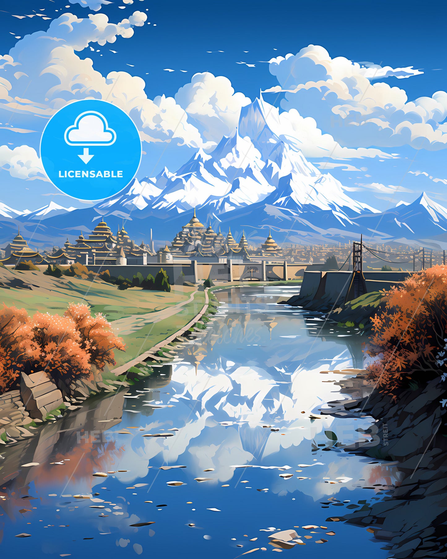 Shymkent, Kazakhstan, a river with a bridge and a mountain in the background