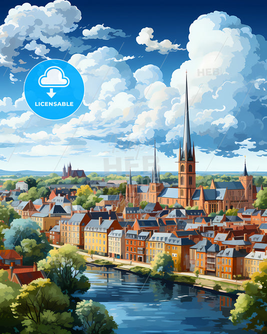 Norwich, East of England, a city with a river and trees