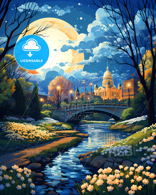 Conway, Arkansas, a river running through a park with a bridge and trees