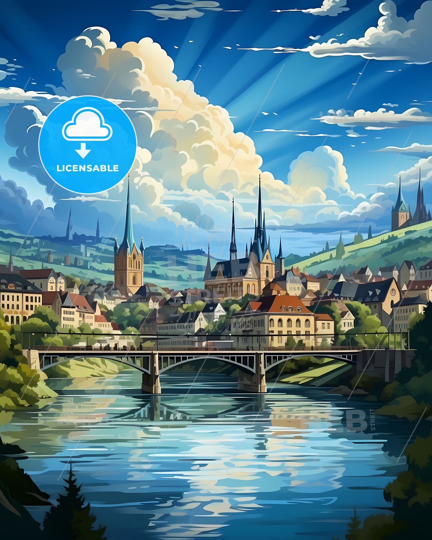 Bern, Switzerland, a bridge over a river with buildings and trees