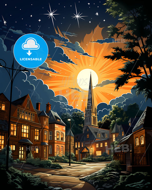 Swindon, South West England, a sun shining through clouds over a city