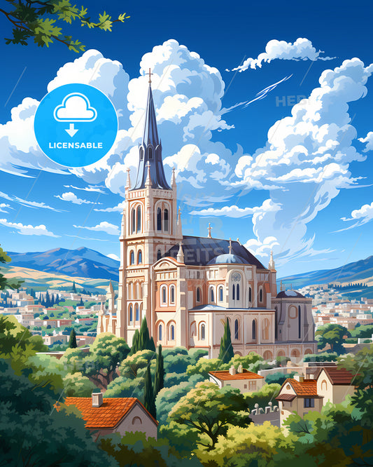 Amadora, Portugal, a large building with a steeple and trees in the background