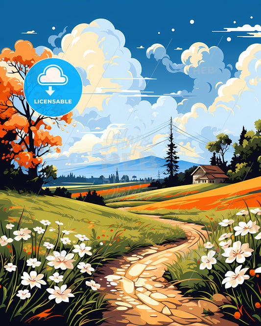 Hillsboro, Oregon, a painting of a landscape with a path and flowers