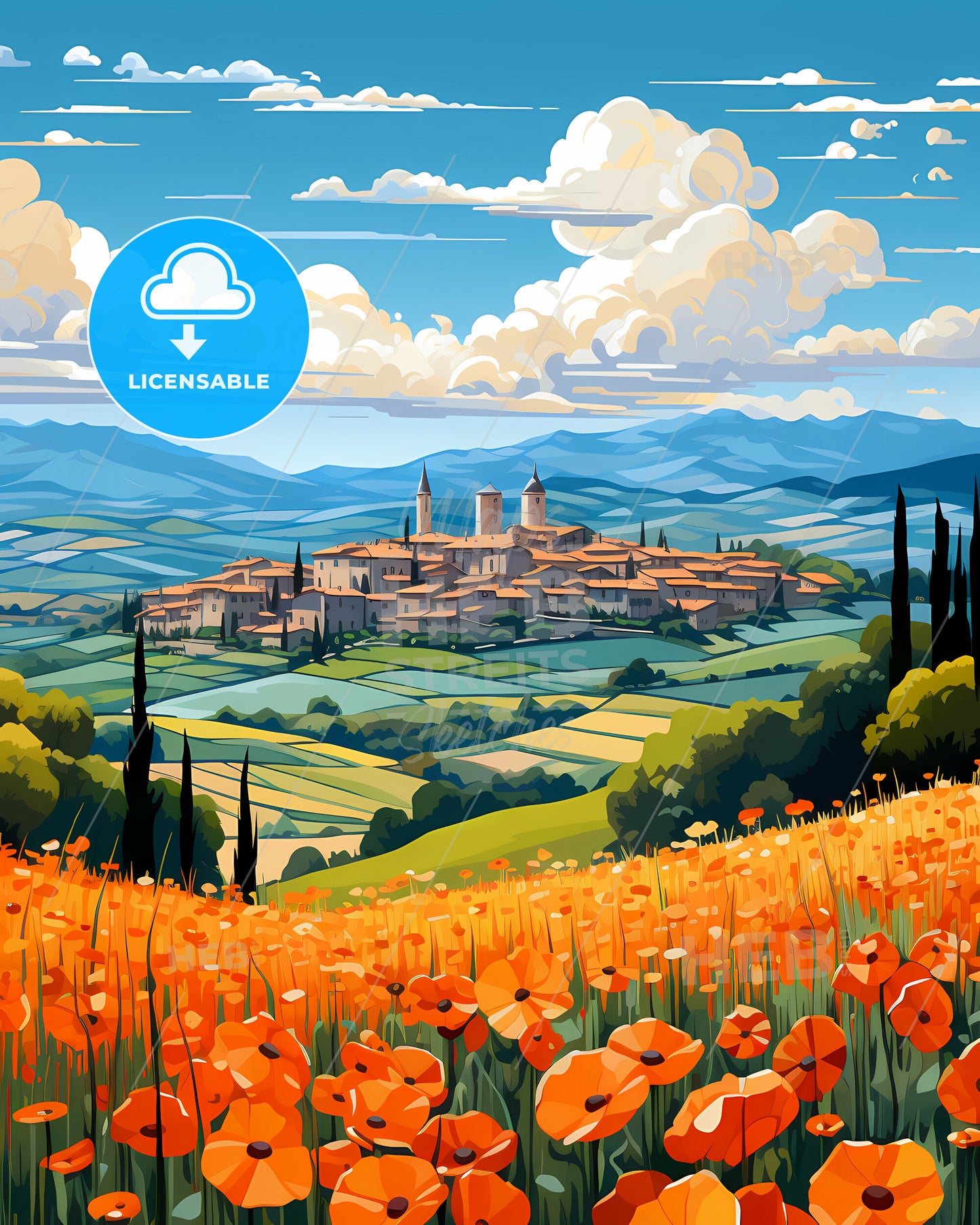 Pordenone, Italy, a landscape with a town and orange flowers