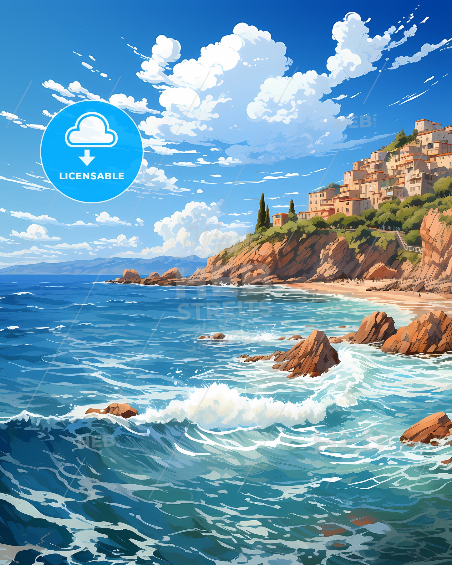 Portici, Italy, a beach with a town on the hill