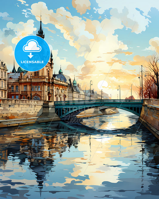 Bucharest, Romania, a bridge over a river with a building and a bridge