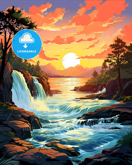 Barendrecht, Netherlands, a waterfall in a river with trees and mountains in the background