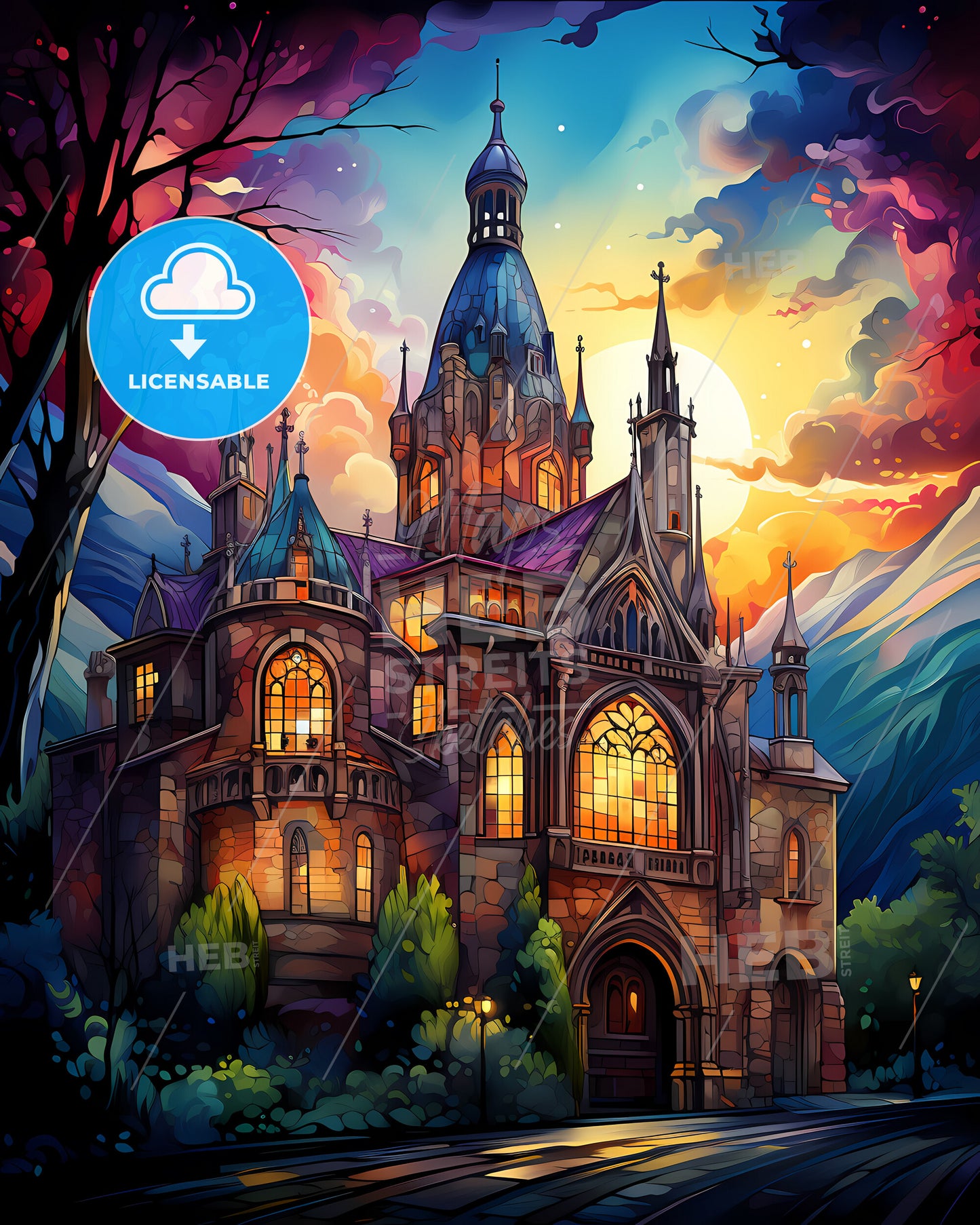 Asheville, North Carolina, a painting of a castle with a colorful sky and trees