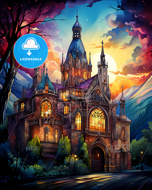 Asheville, North Carolina, a painting of a castle with a colorful sky and trees