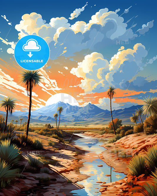 Palmdale, California, a river running through a desert with palm trees and mountains in the background