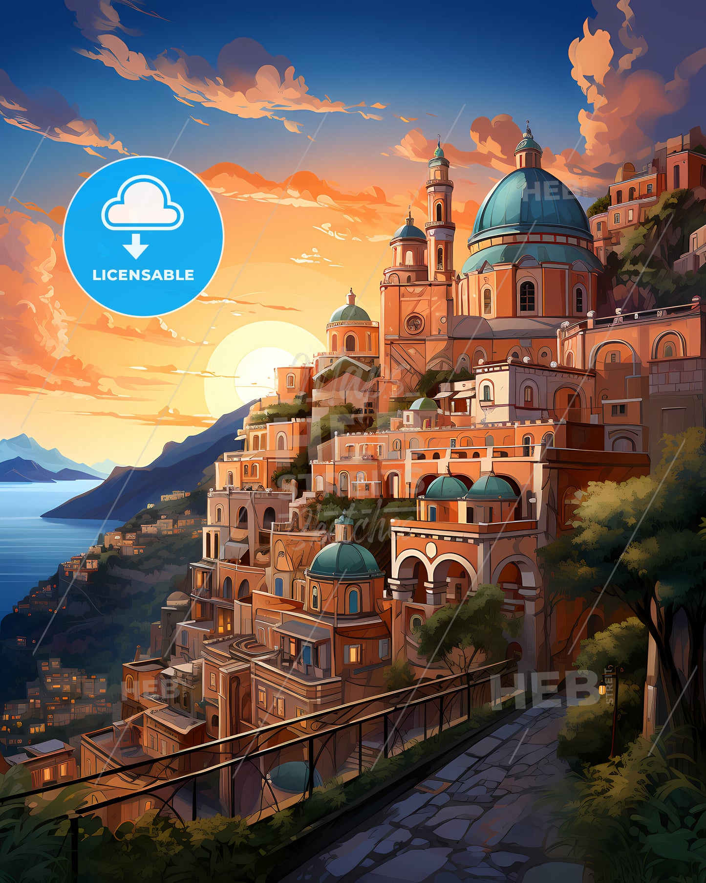 Naples, Italy, a city on a hill with a blue dome and trees