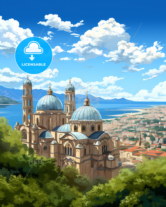 La Spezia, Italy, a building with blue domes and a city in the background