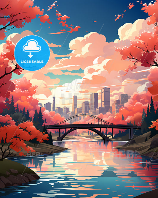 Ann Arbor, Michigan, a bridge over a river with trees and a city in the background