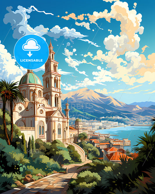 La Spezia, Italy, a building with a steeple and trees and mountains in the background