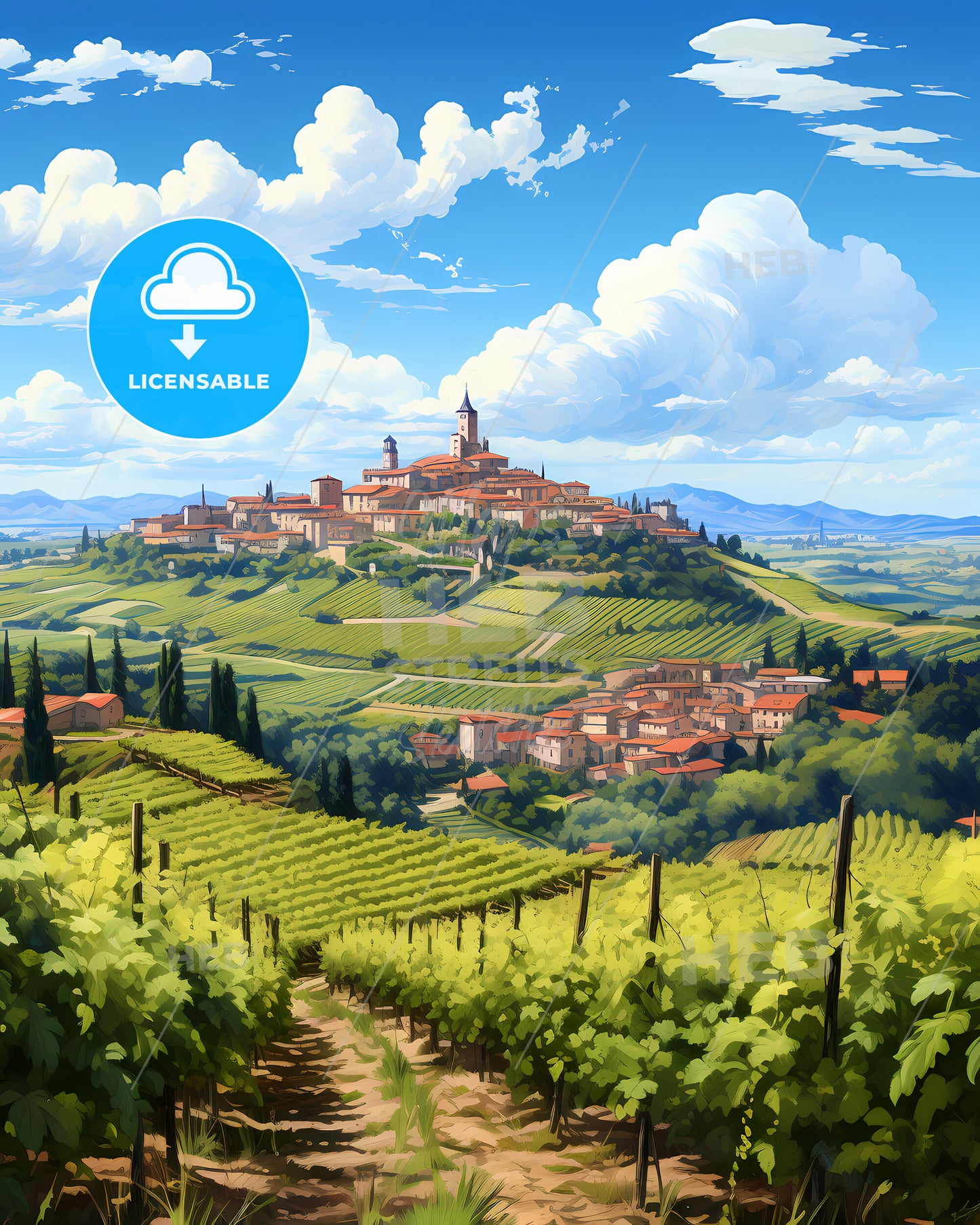 Asti, Italy, a landscape of a town on a hill with a vineyard